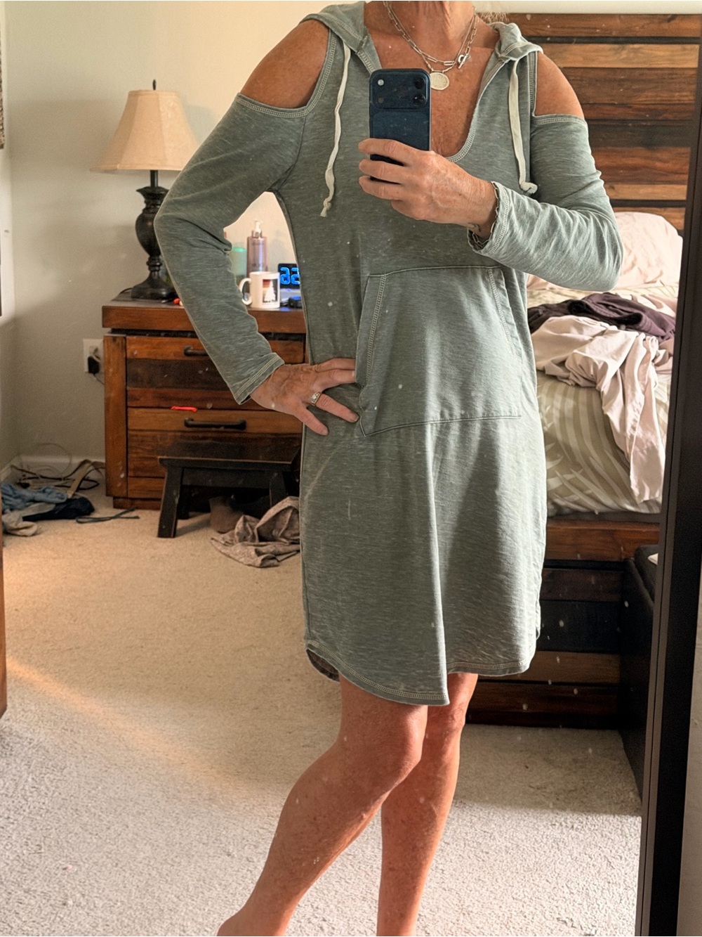 VENUS Sage Green Cold-Shoulder Hoodie Cover-up Dress